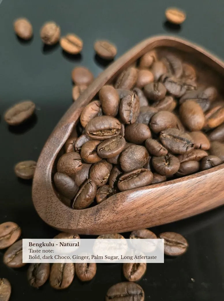 Bengkulu Natural coffee beans in wooden scoop — bold dark chocolate, ginger, palm sugar taste