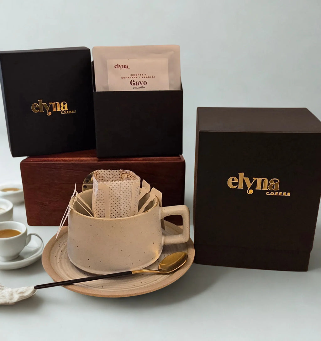 Elyn Coffee packaging with a cup and saucer on a light background