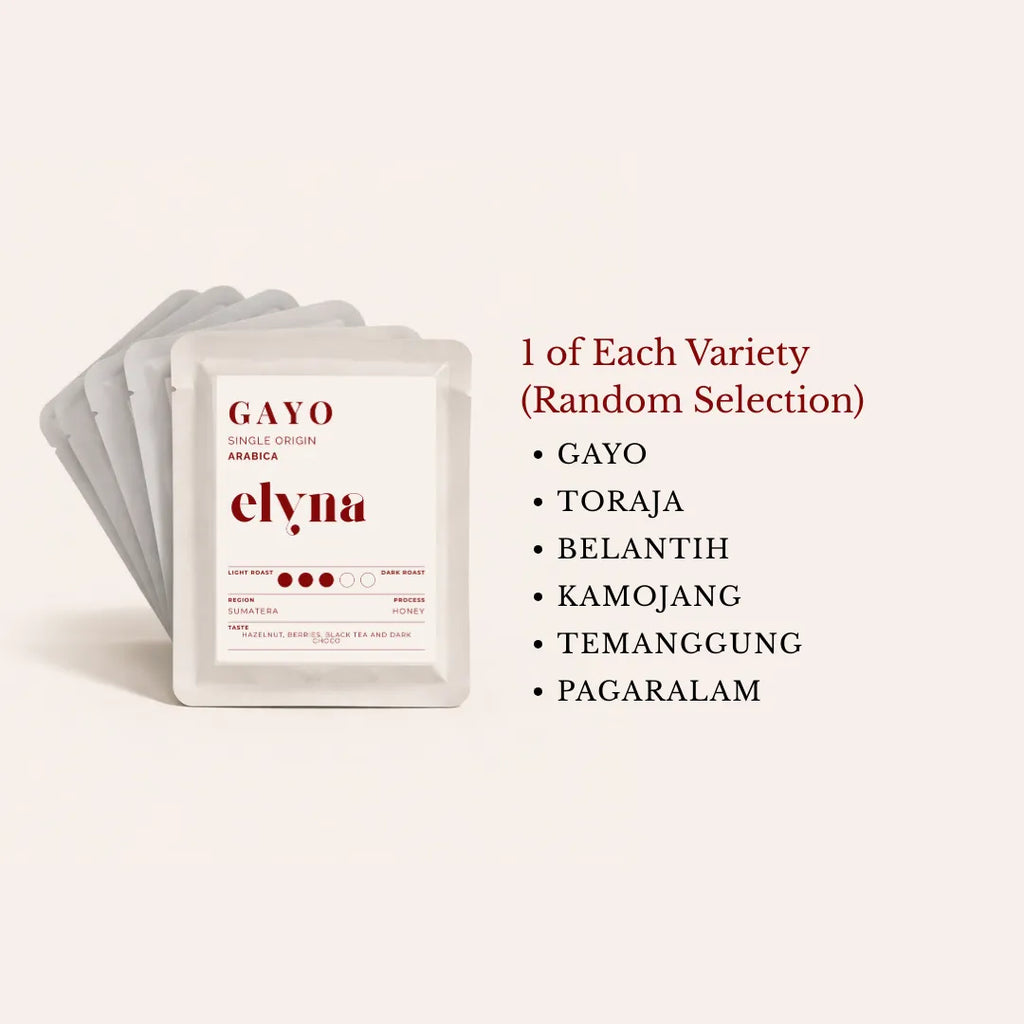 Packaging of elyna coffee drip bag with a selection of coffee varieties on a white background