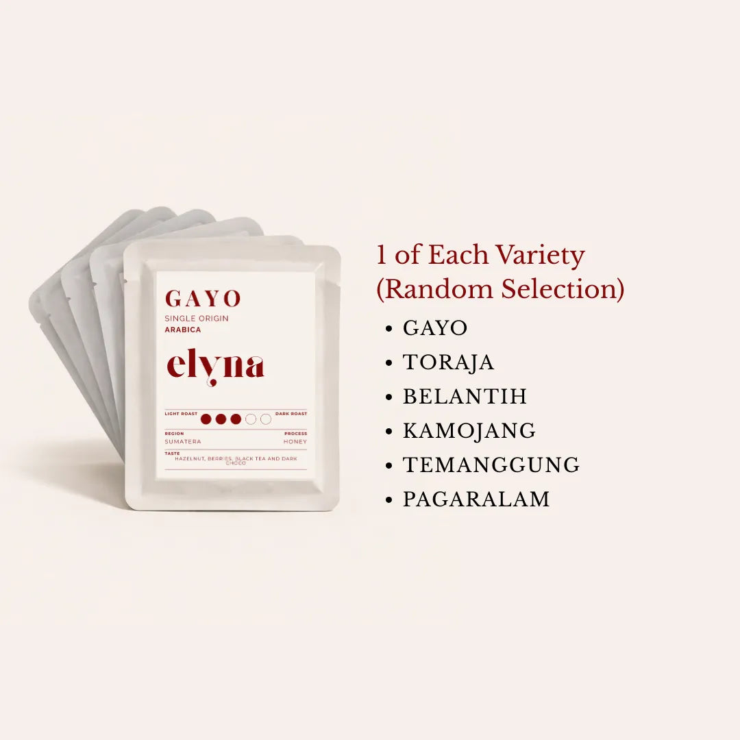 Packaging of elyna coffee drip bag with a selection of coffee varieties on a white background