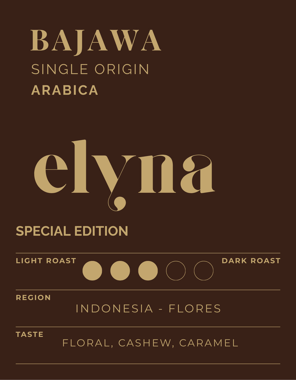 Elynna Bajawa coffee label with roast, region, and taste information on a brown background