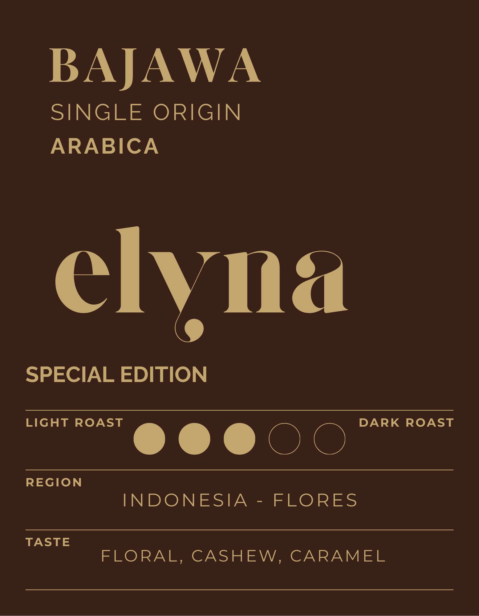 Elynna Bajawa coffee label with roast, region, and taste information on a brown background