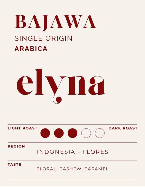 Elyna Bajawa coffee label with roast, region, and taste information.