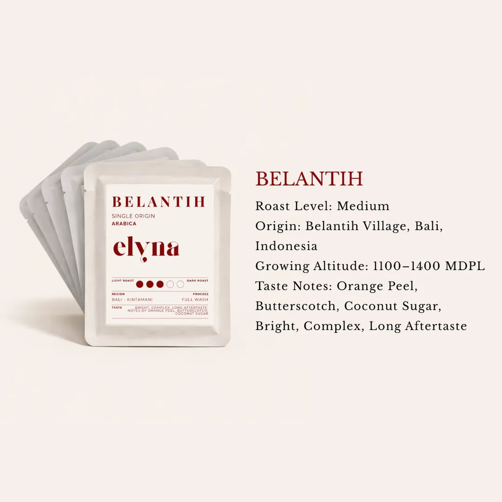 Elyna Belantih coffee drip bag package with product details and taste note