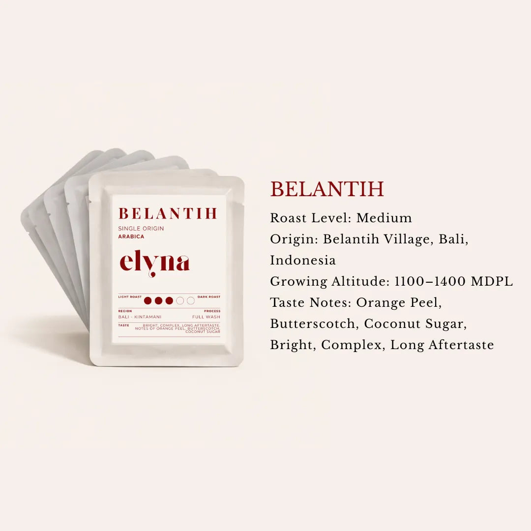 Elyna Belantih coffee drip bag package with product details and taste note