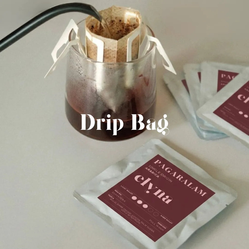 Elyna Pagarralam single-origin drip coffee bag with brewed drip in glass