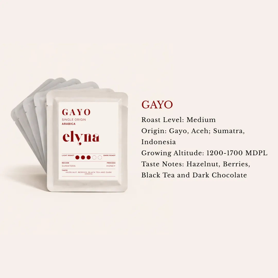 Elynas Gayo coffee drip bag packaging with taste notes