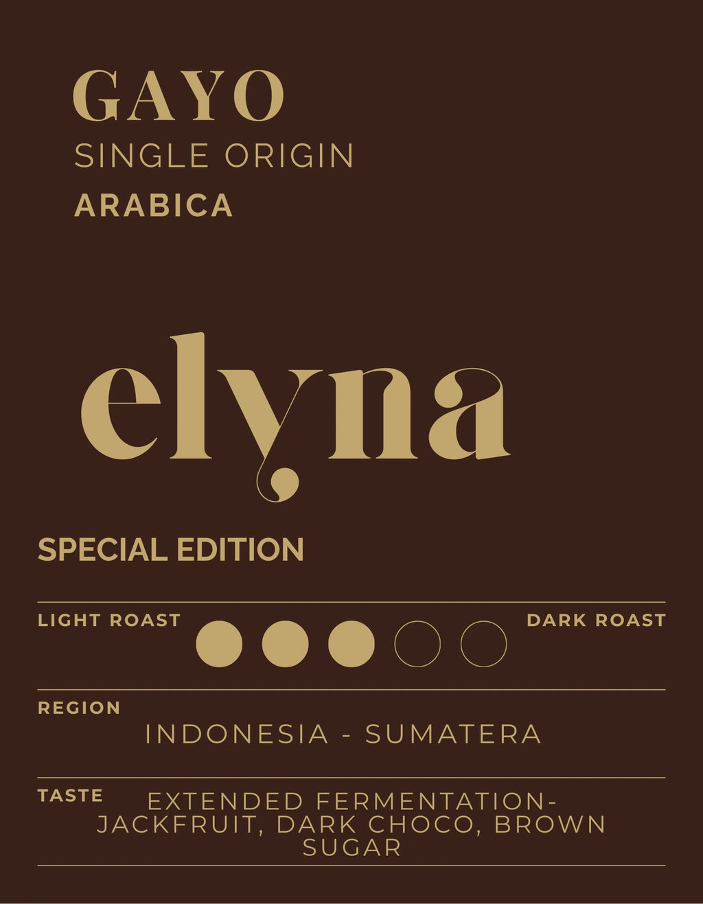 Elynas Gayo Single Origin Arabica coffee label on a brown background