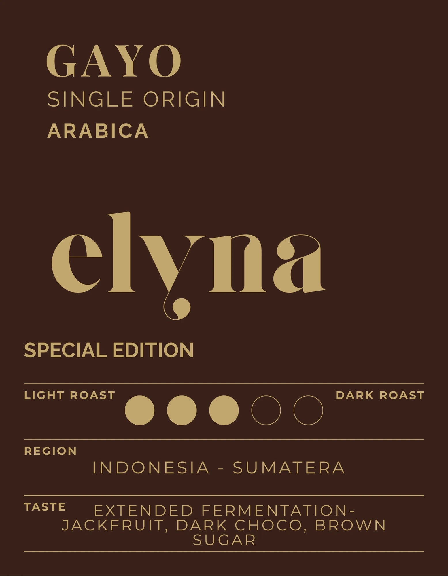 Elynas Gayo Single Origin Arabica coffee label on a brown background