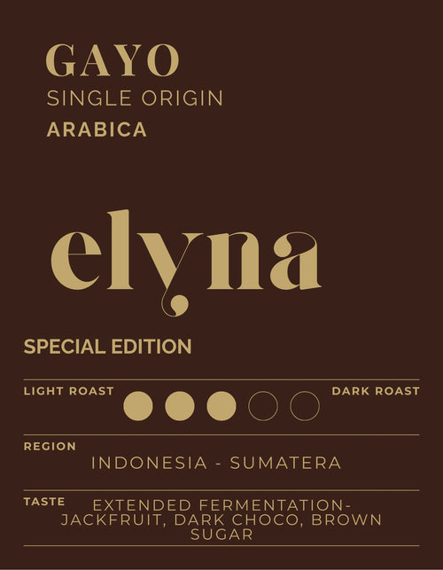 Elynas Gayo Single Origin Arabica coffee label on a brown background