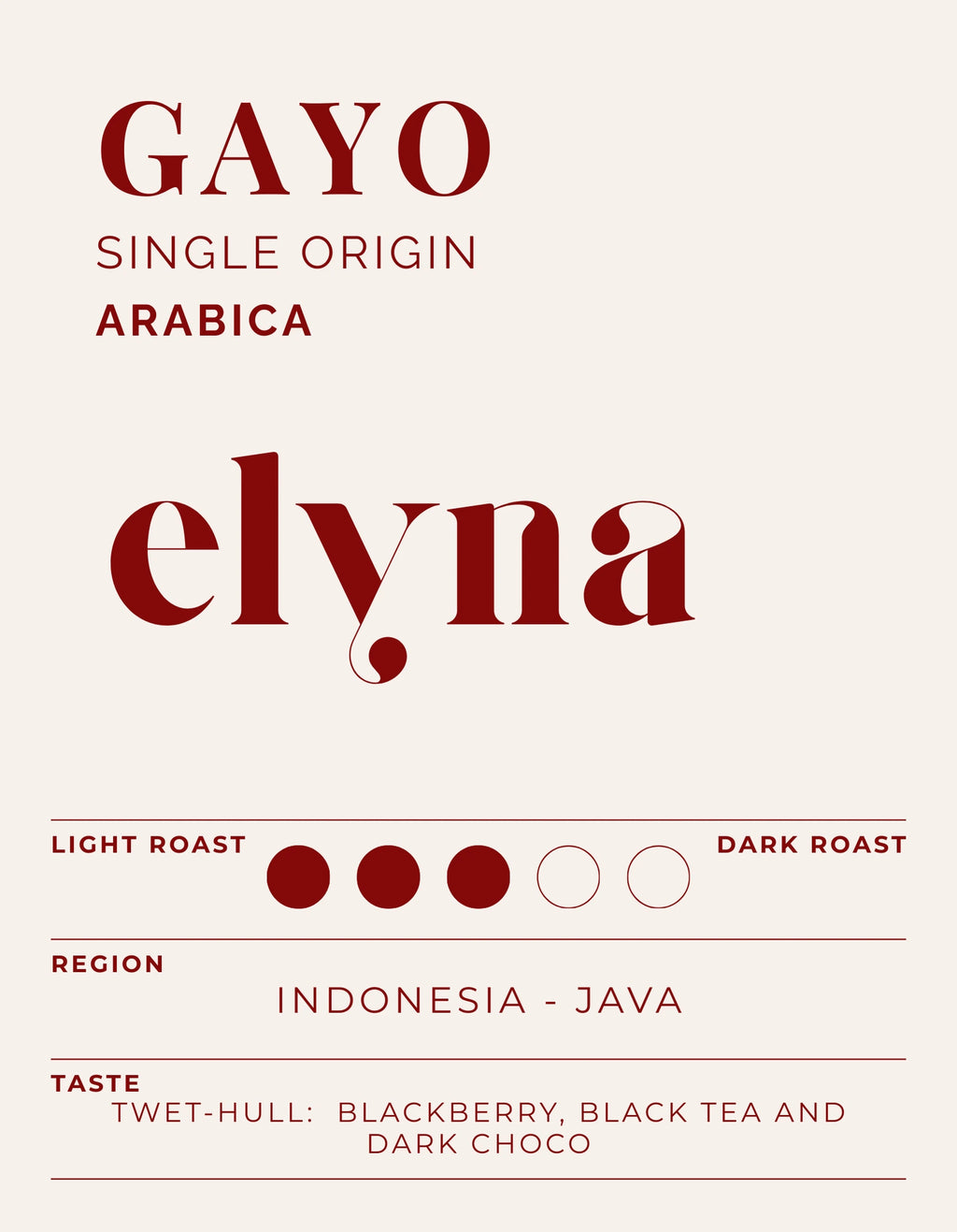 Elyma Gayo single origin Arabica coffee label with roast and region details.