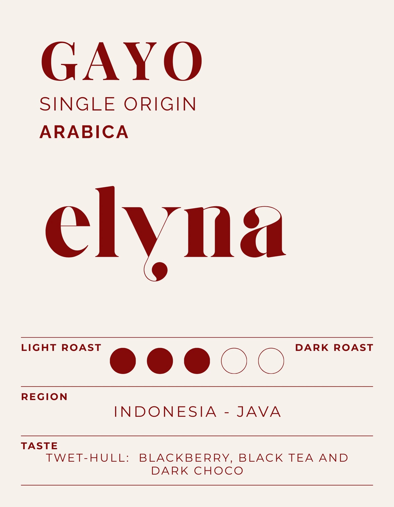Elyma Gayo single origin Arabica coffee label with roast and region details.