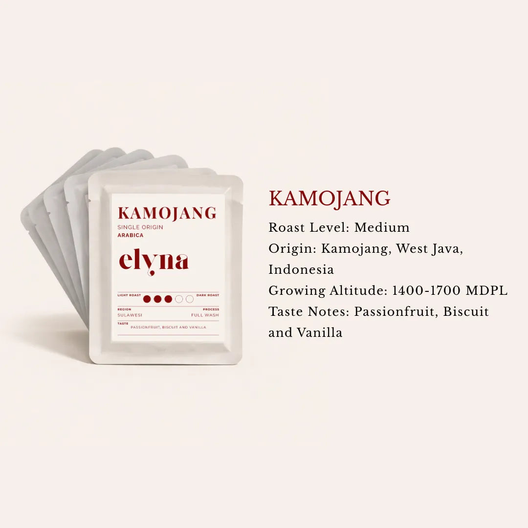 Kamojang coffee package with branding and product details on a white background and taste notes