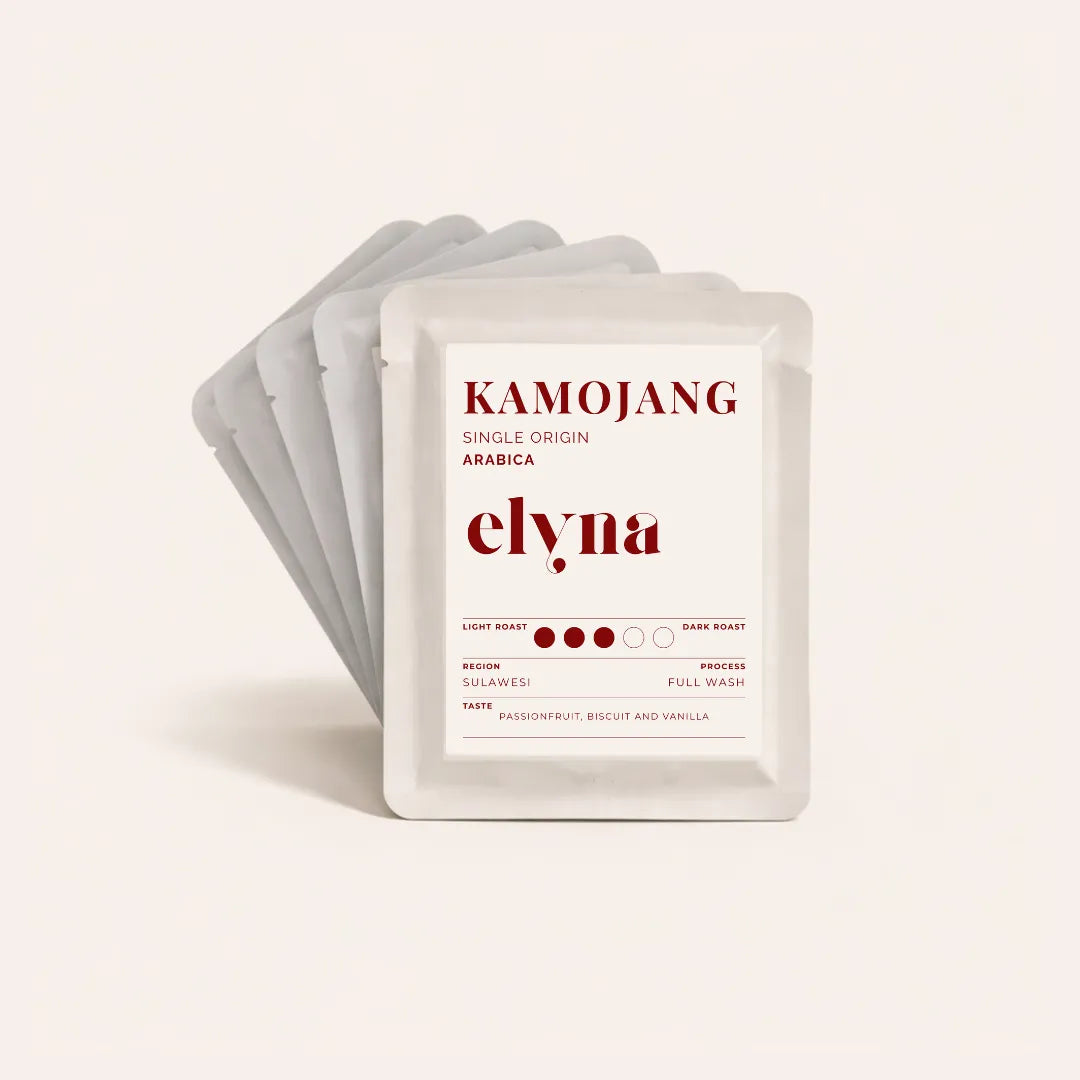 Kamojang elyna coffee drip bag packaging on a light pink background