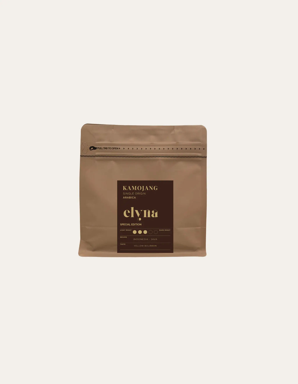 Brown coffee packaging with 'elvia' branding on a beige background