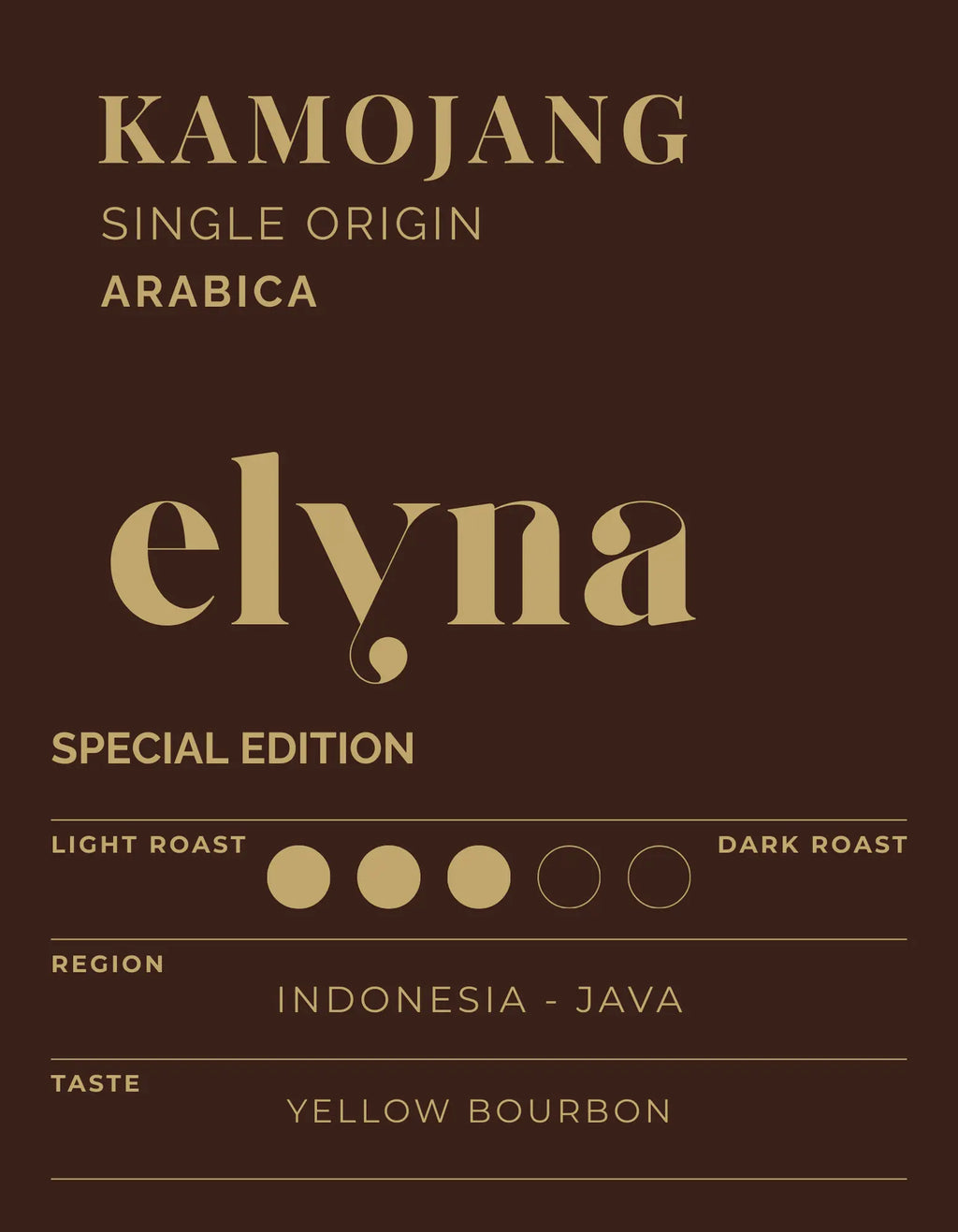 Kamojang Elyna coffee label with roast and region details on a brown background