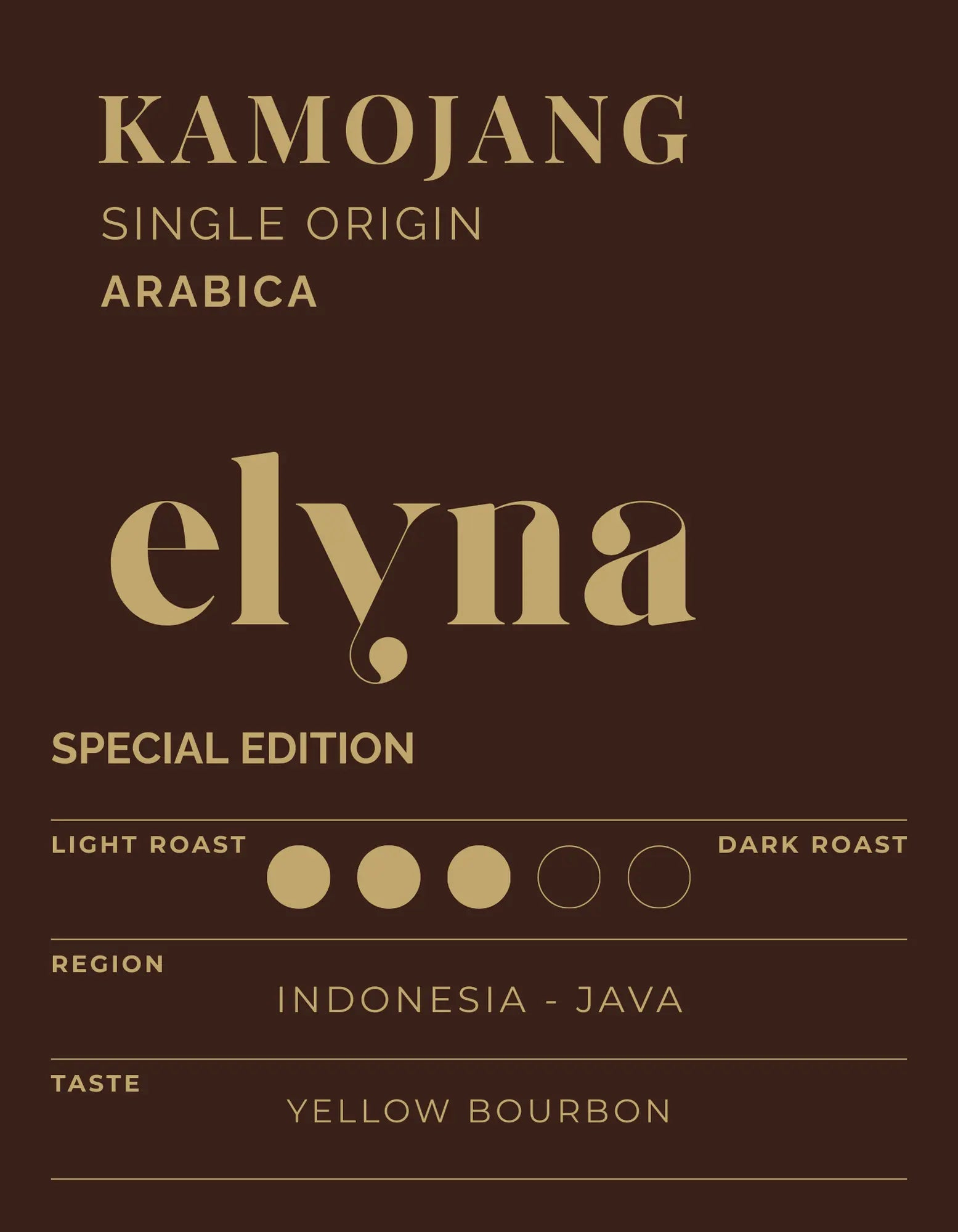 Kamojang Elyna coffee label with roast and region details on a brown background