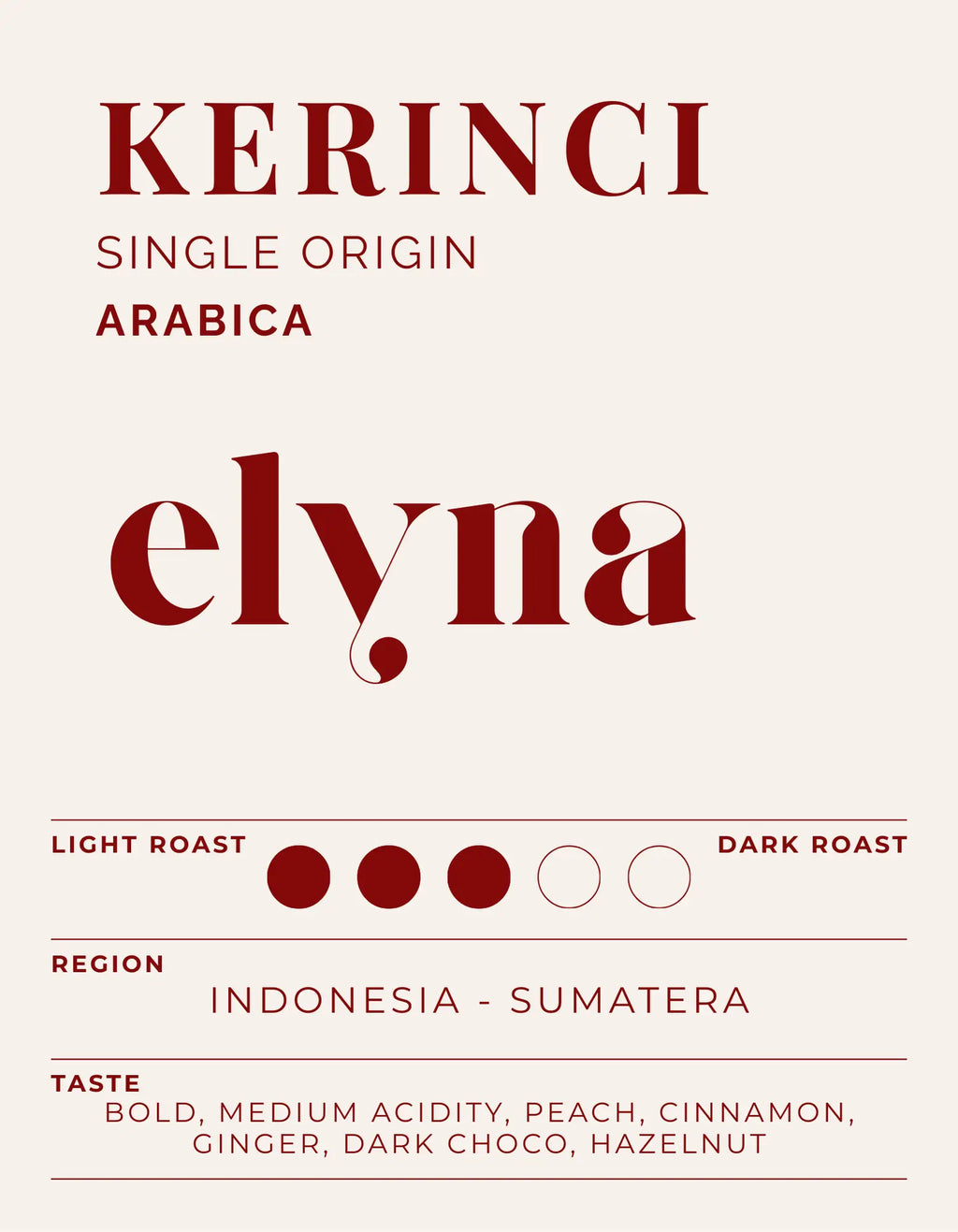 Kerinci single origin Arabica coffee label by elyna with roast and region details.