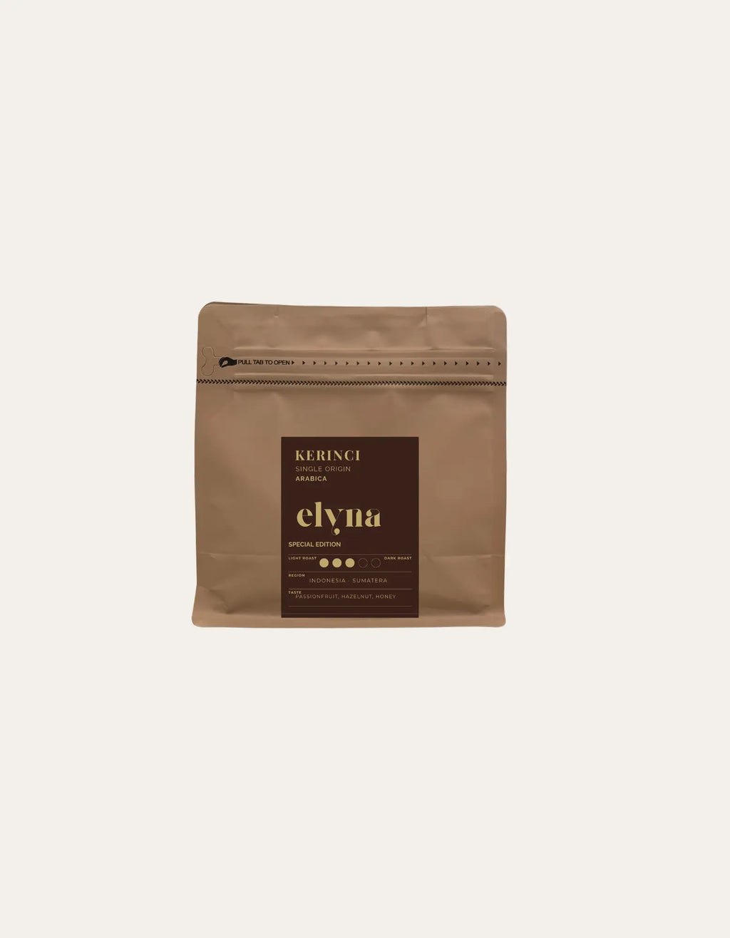 elyna Brown coffee bag with 'Kerinci' branding on a beige background
