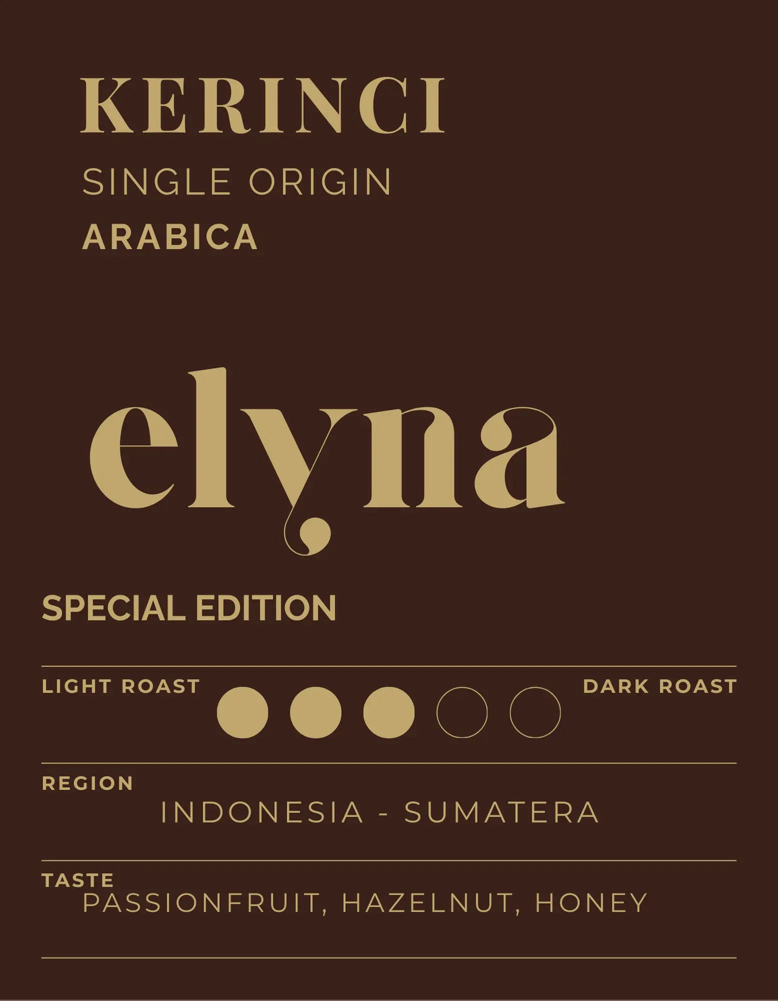Elynas Kerinci single origin Arabica coffee label on a brown background
