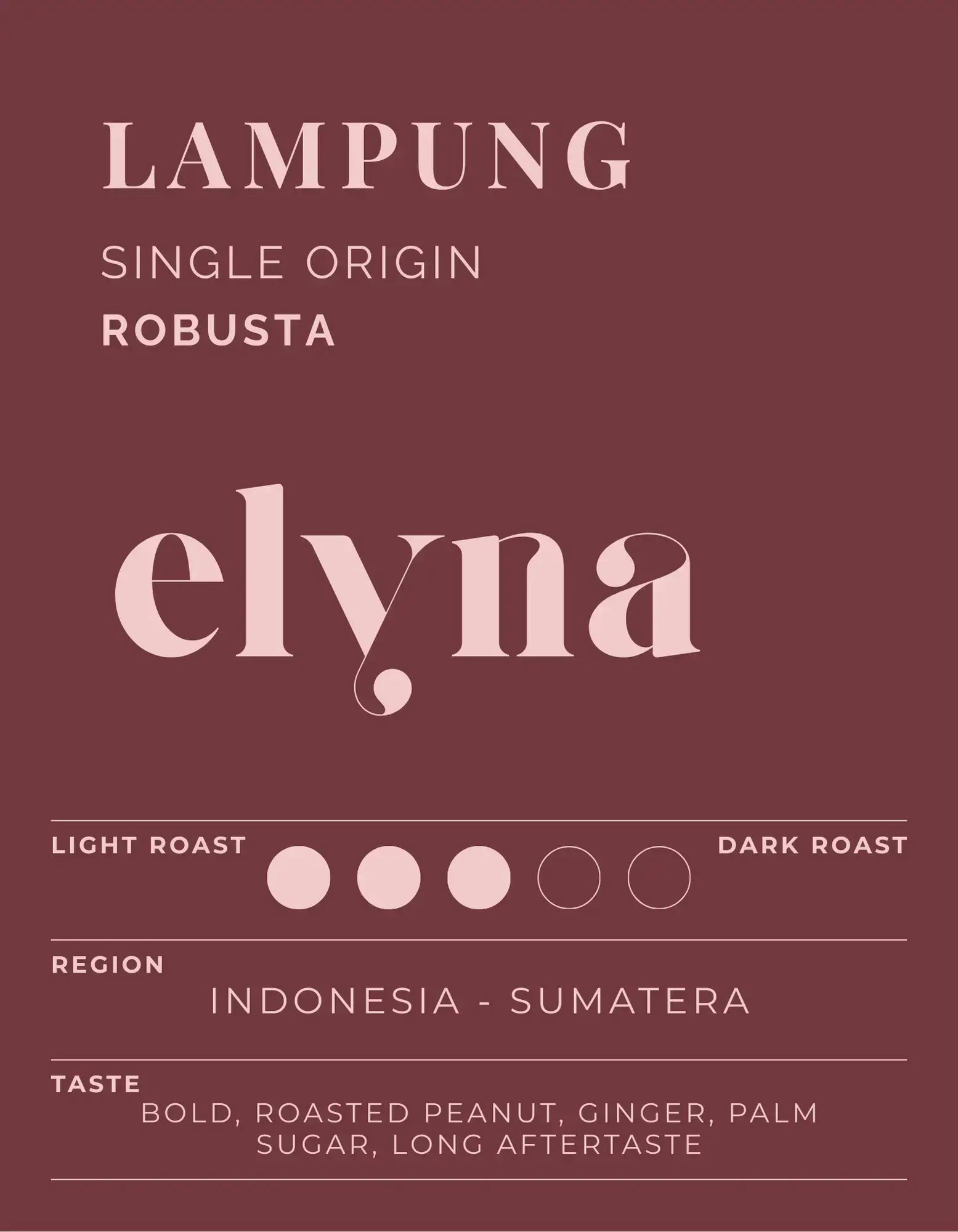 Elyna Lampung Single Origin Robusta coffee label on a dark red background