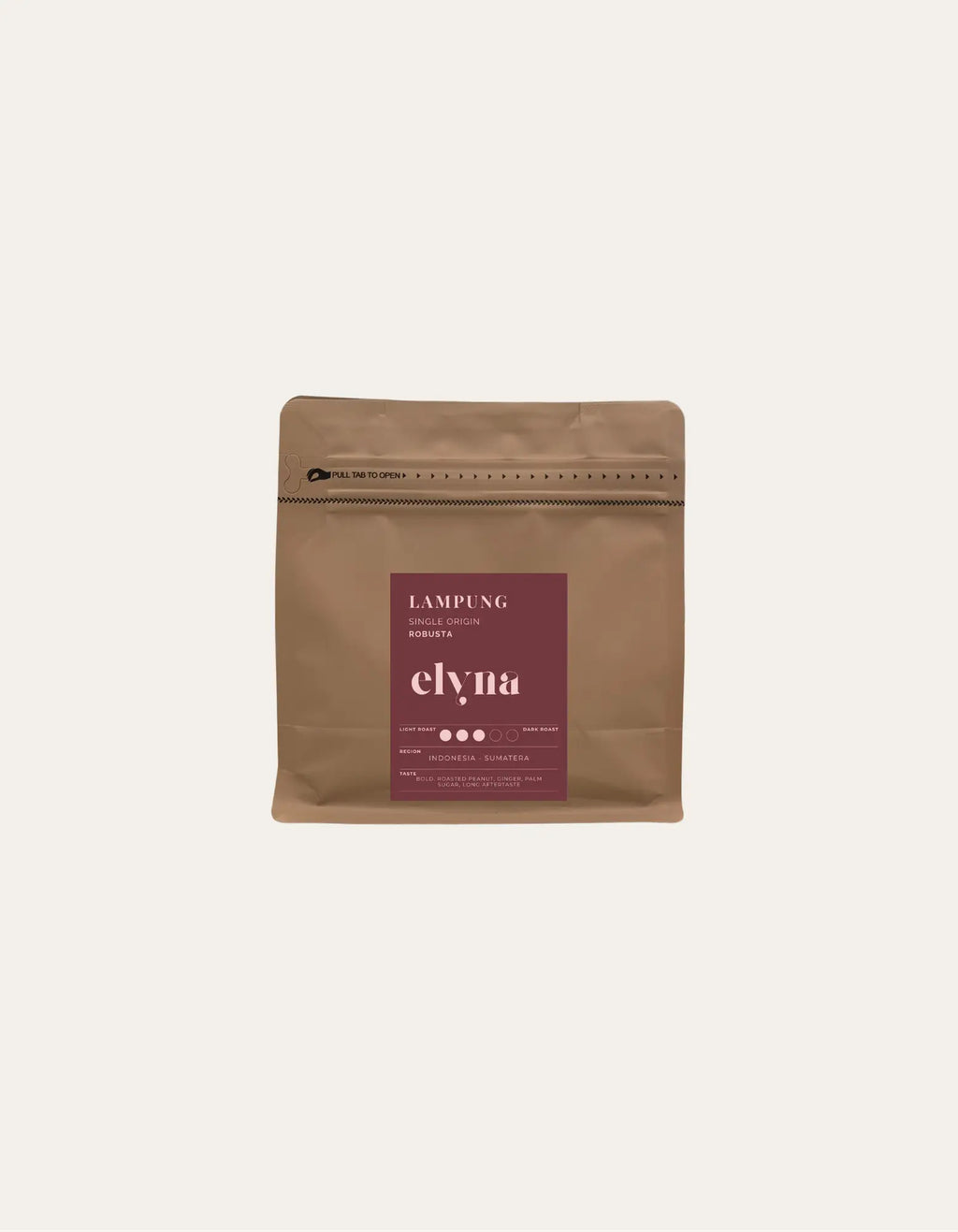 Brown coffee packaging with a red label on a beige background
