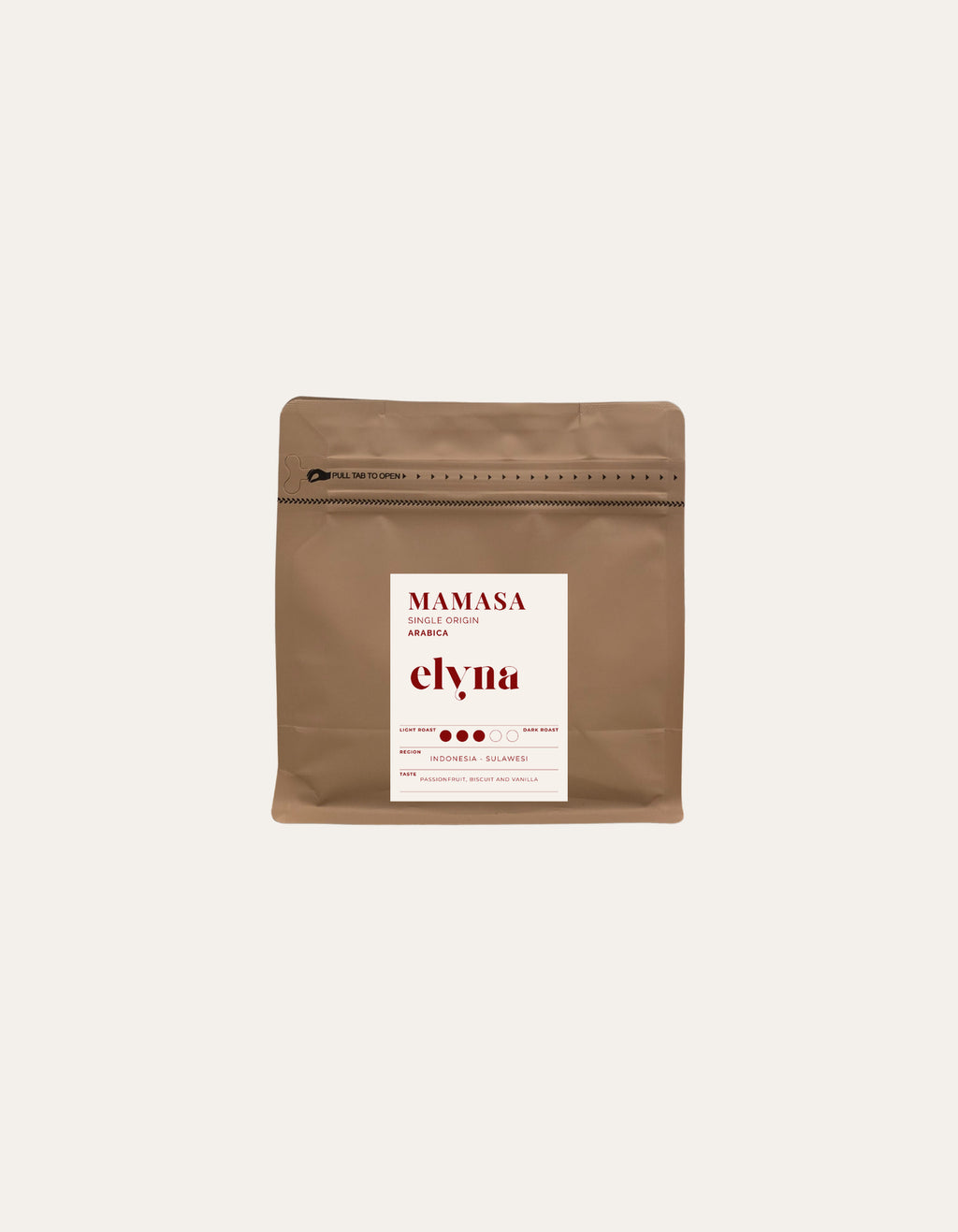 Elyna Mamasa single origin Arabica, medium roast, whole beans, resealable brown pouch