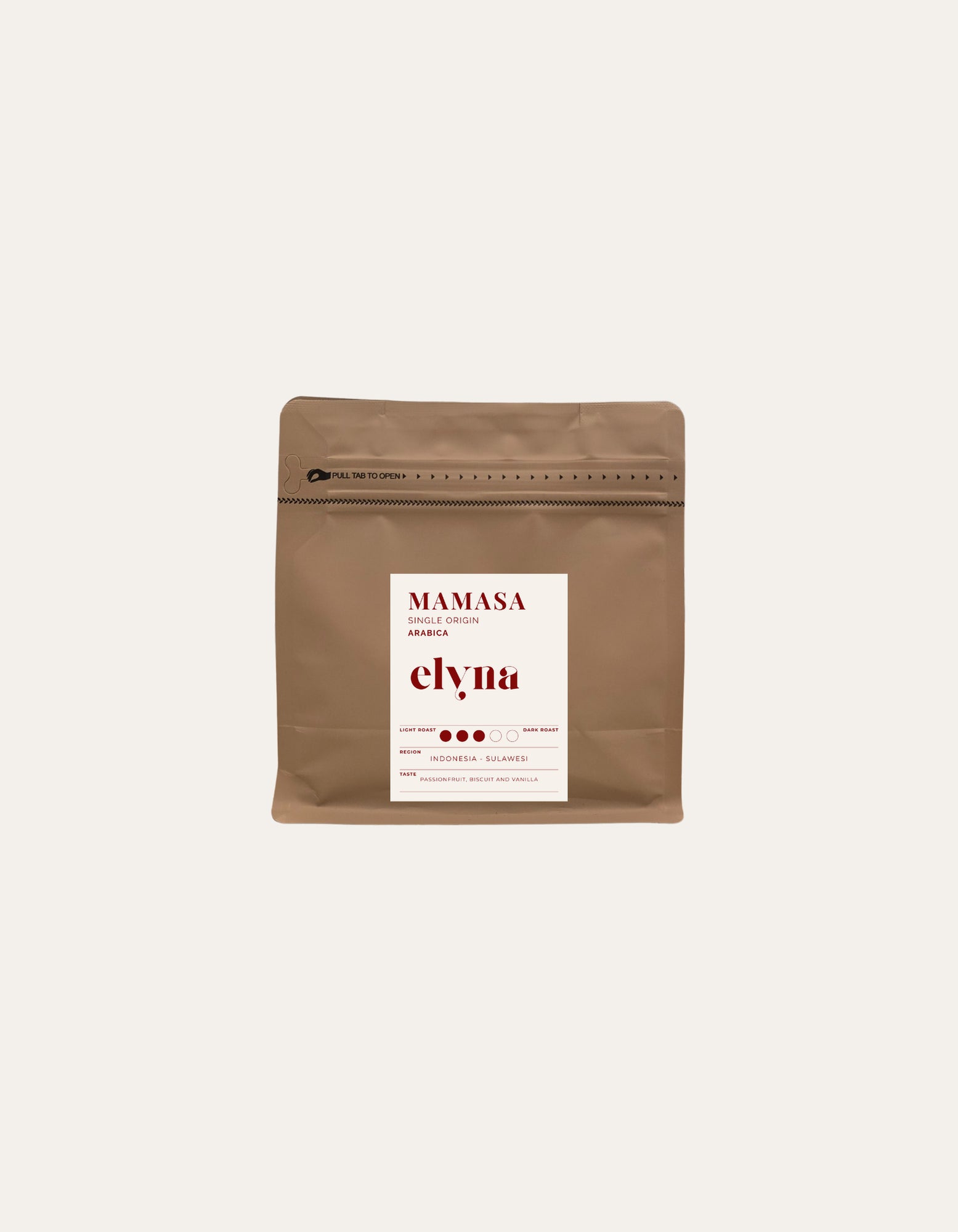 Elyna Mamasa single origin Arabica, medium roast, whole beans, resealable brown pouch