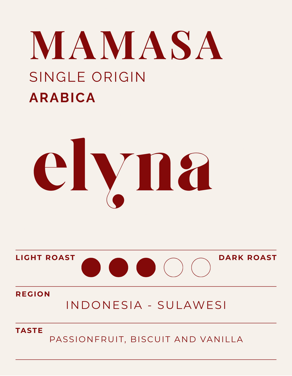 Mamasa coffee packaging with branding and roast information on a white background