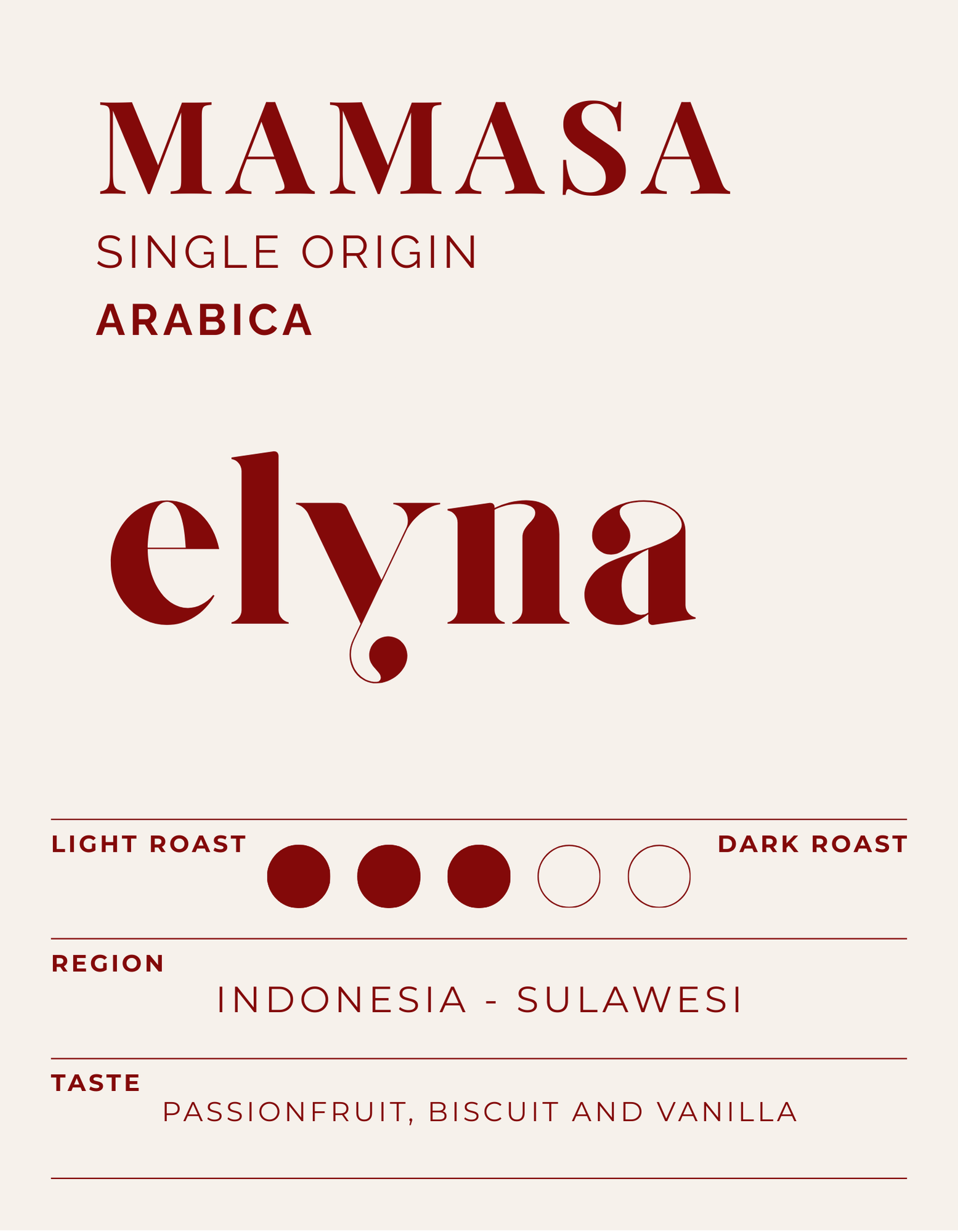 Mamasa coffee packaging with branding and roast information on a white background