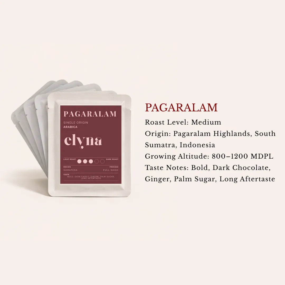Elynna coffee drip bag packaging with Pagaralam coffee on a light beige background