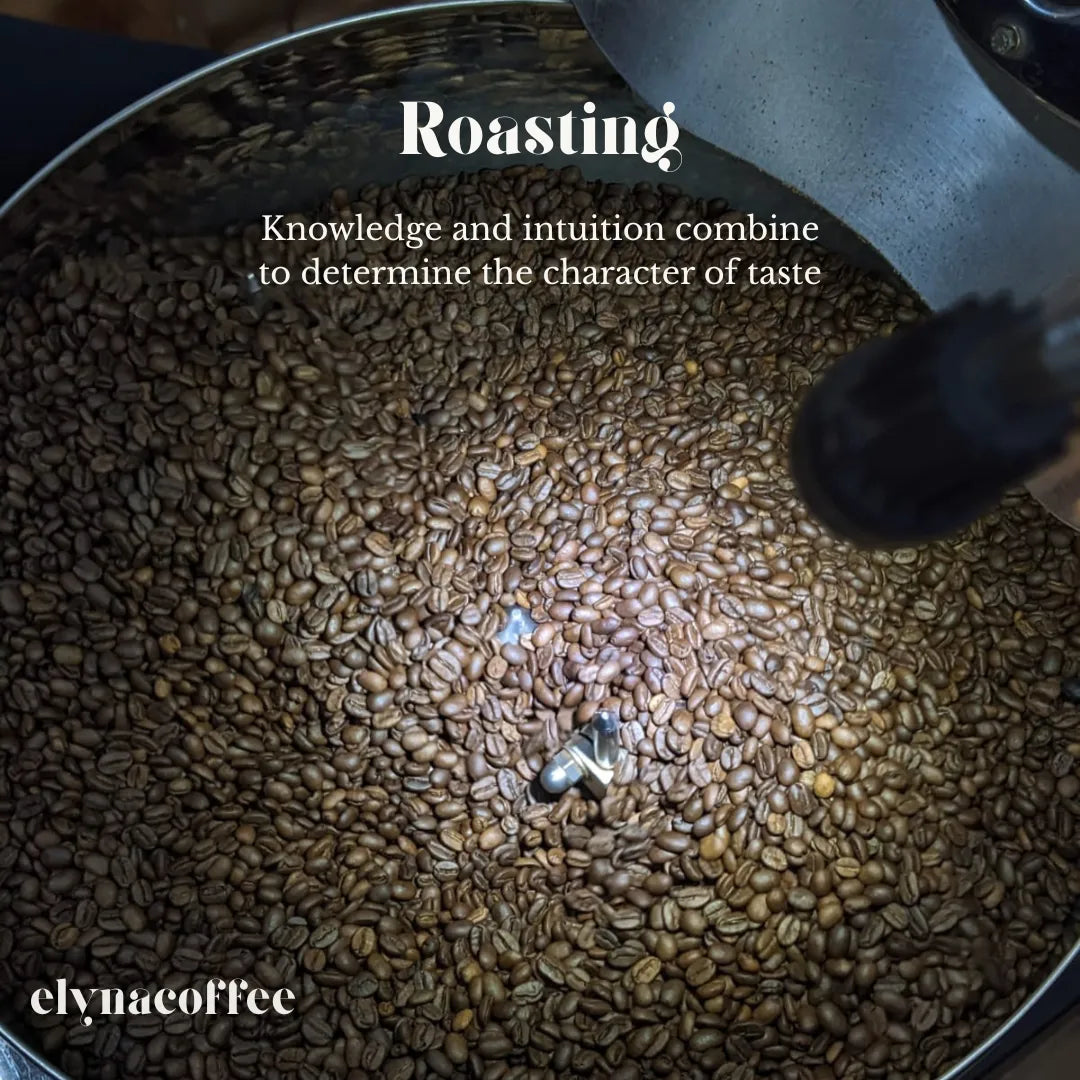 Coffee beans being roasted with text about knowledge and intuition determining taste, and elyna coffee