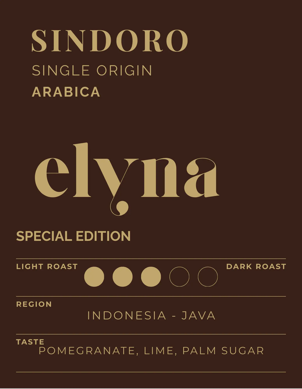 Elynas coffee packaging with 'Sindoro' branding on a brown background