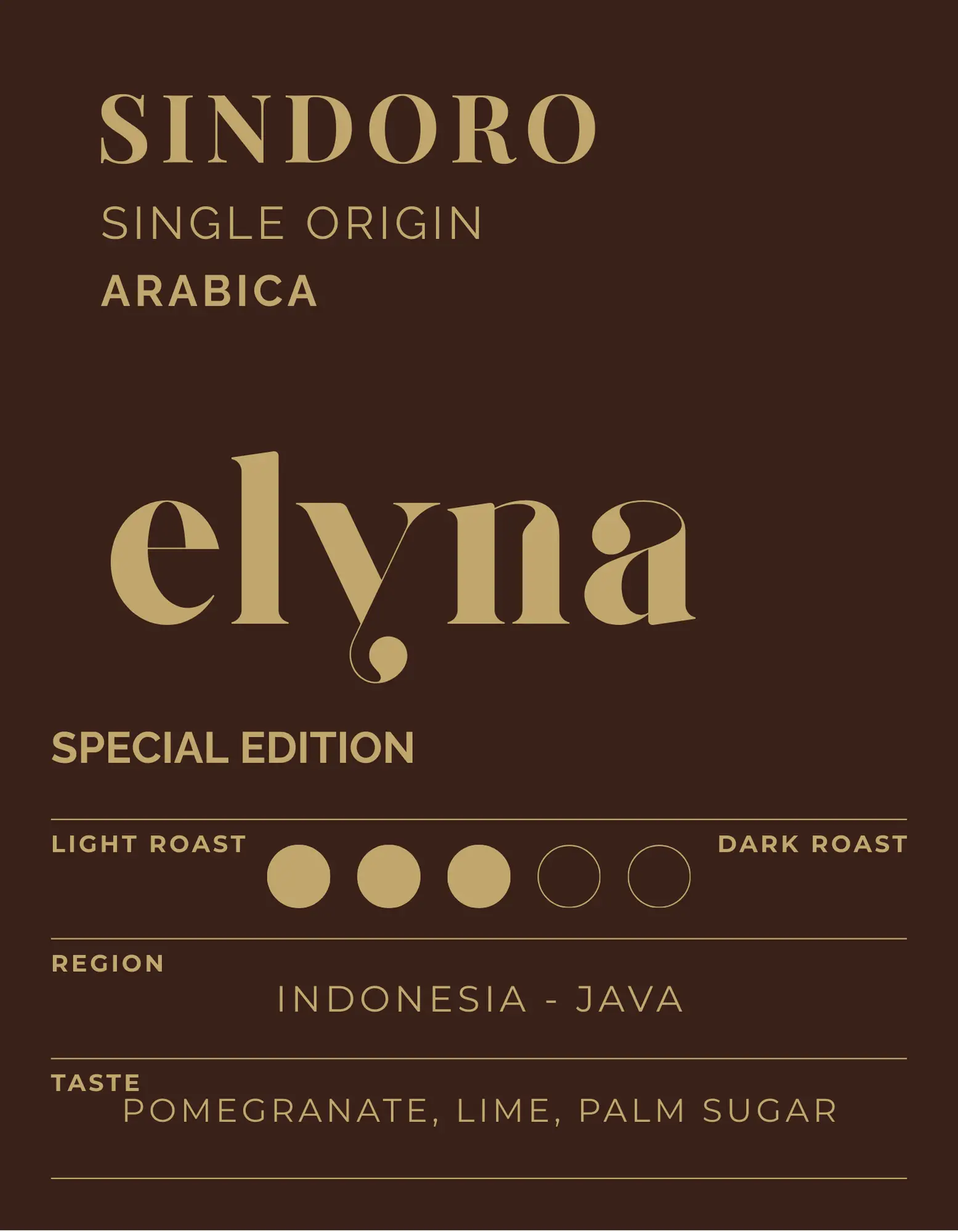 Elynas coffee packaging with 'Sindoro' branding on a brown background