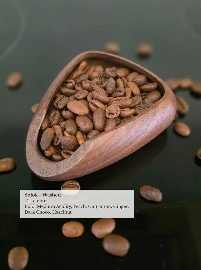 Solok washed coffee beans in Wooden scoop - bold medium acidity, peach, cinnamon, ginger, dark choco, hazelnut