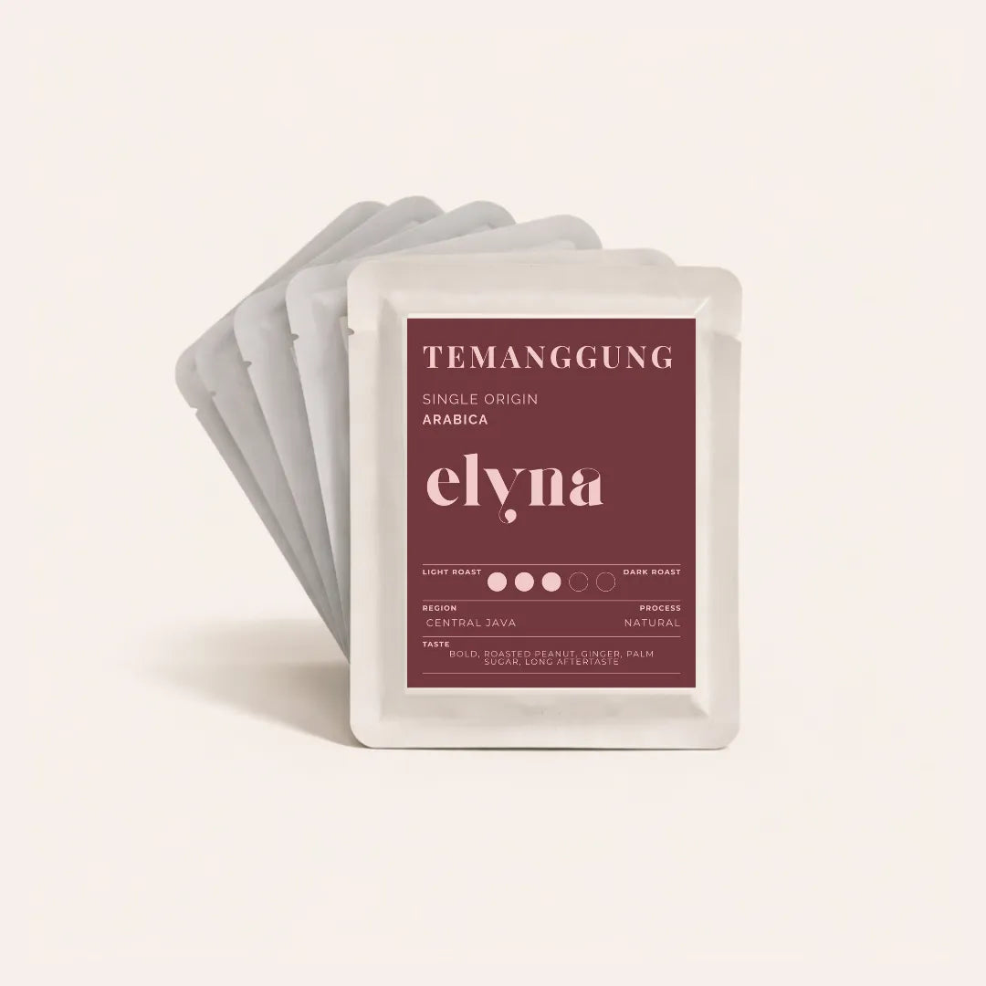 Elynä coffee drip  packaging for 'Temanggung' coffee on a light pink background
