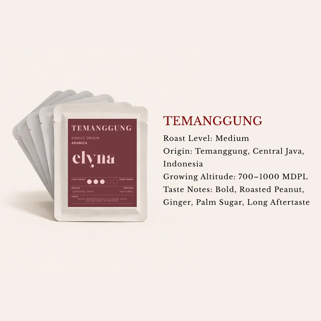 Elyna temanggung coffee drip bag packaging with product details on a light beige background
