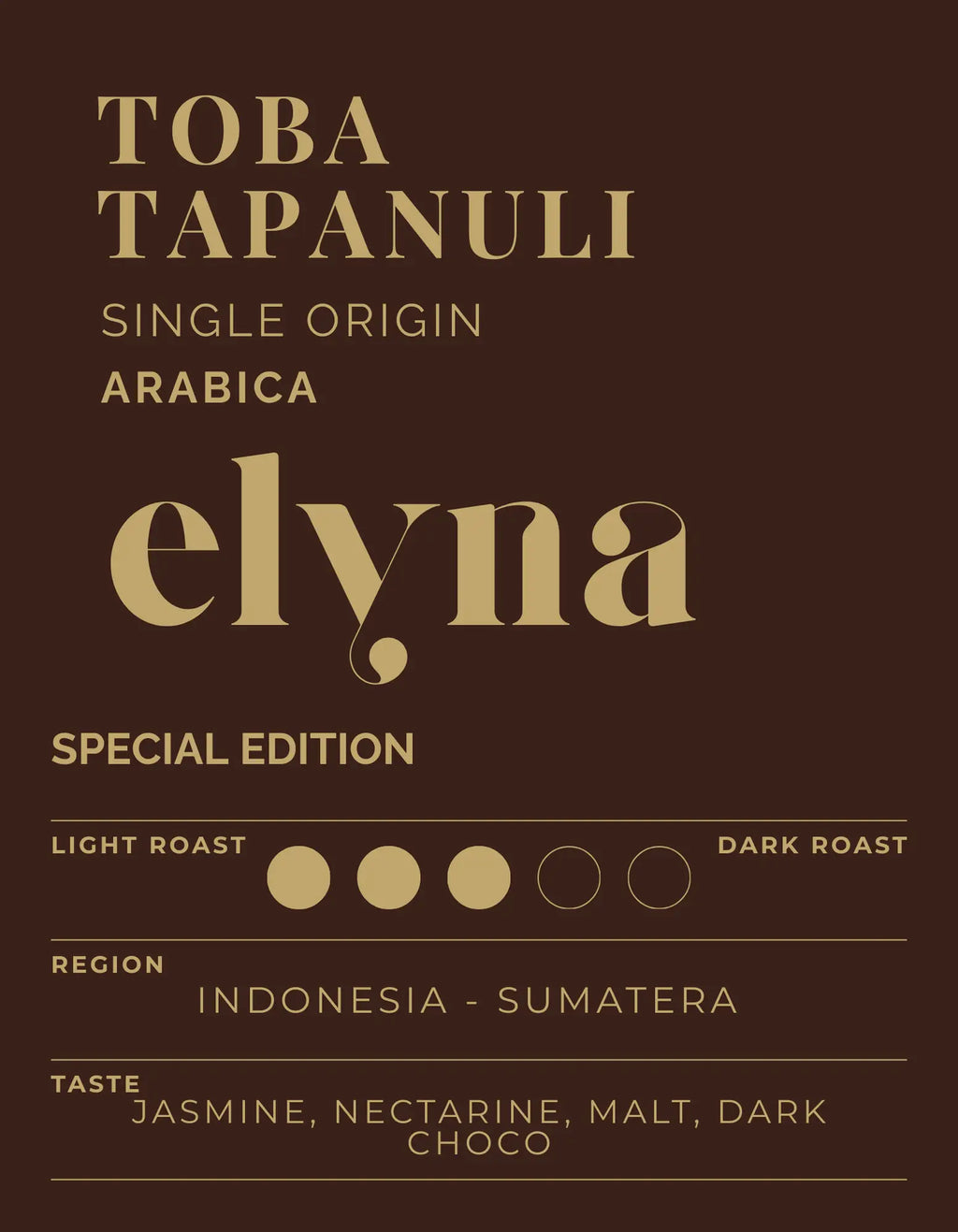 Elynas coffee label for Toba Tapanuli single origin Arabica with roast and region details.