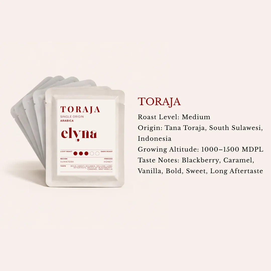 elyna Toraja drip bag coffee package with branding and taste note