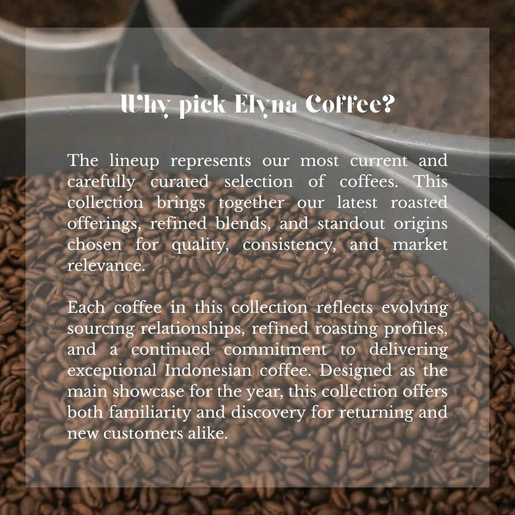 Coffee beans with text overlay about Elynu Coffee's current selection and commitment to quality.